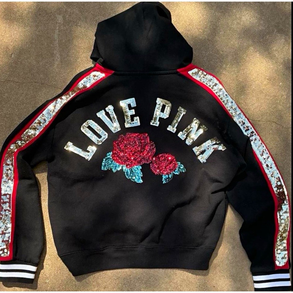 Victorias Secret PINK Sequin Rose Hoodie Jacket Black Silver Red Size Medium